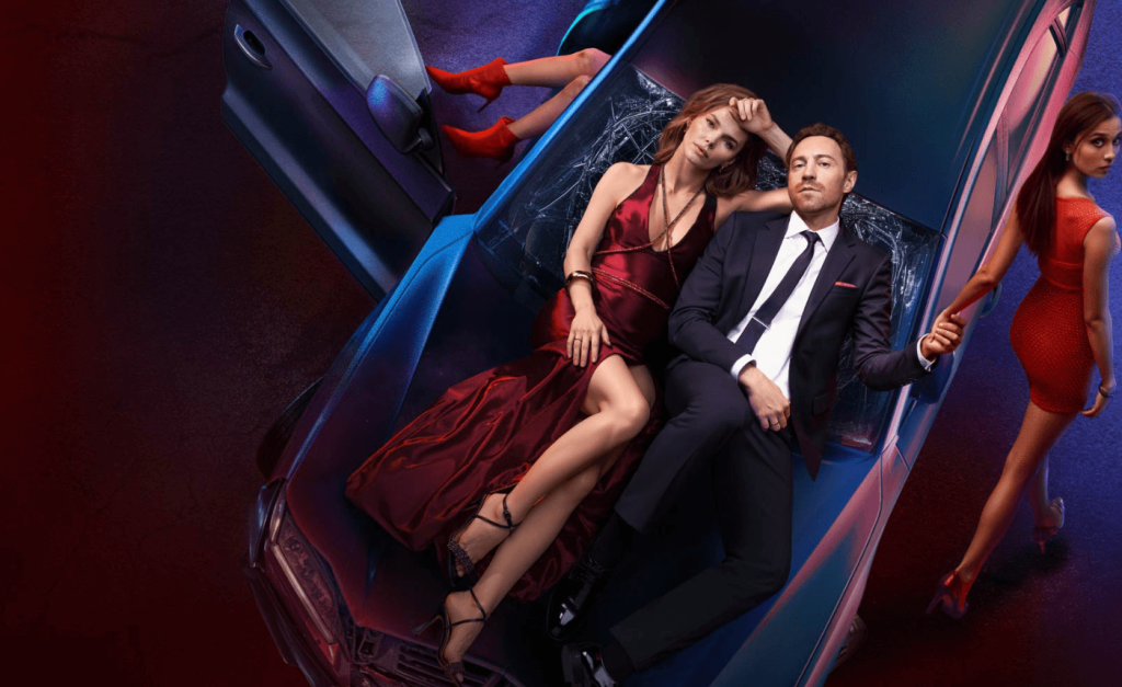 A man in a suit and a woman in a red dress lie in a car, exuding intrigue; another woman in red walks away, enhancing the drama.